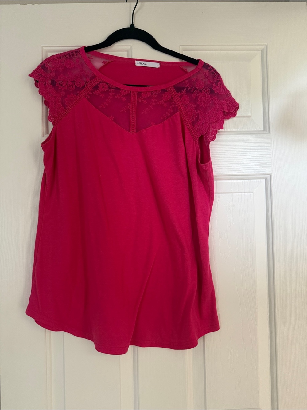 Hot Pink Lace-Yoke Cap Sleeve shirt